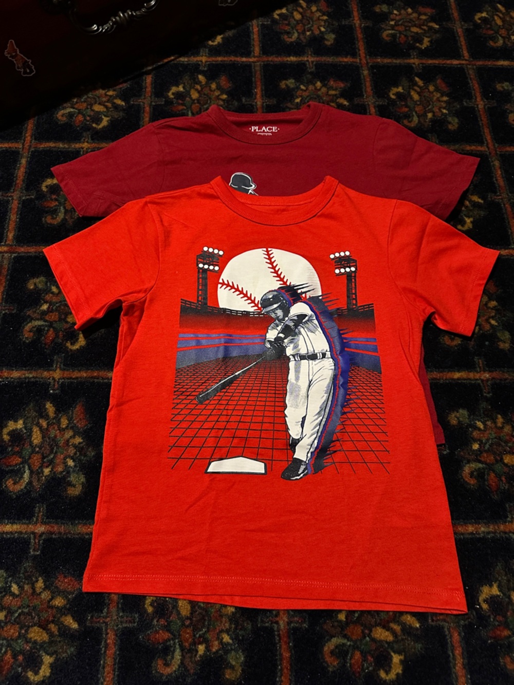 The Children's Place Red and Burgundy Baseball Player Graphic Tees